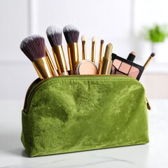 Makeup cosmetic bag with brushes and products