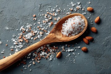Wooden spoon filled with pink and white salt, surrounded by scattered salt crystals and almonds on a textured gray surface