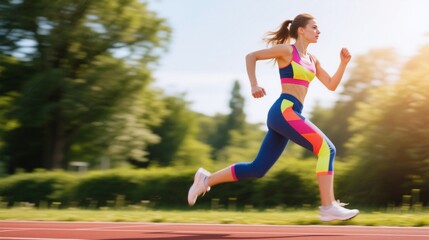 Determined female athlete running on an outdoor track for a fitness workout. Concept of healthy performance, endurance, strength and motivation.