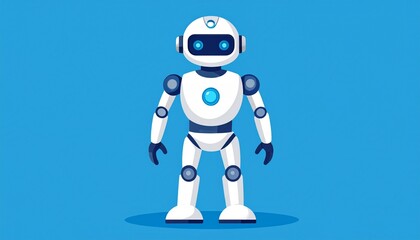 Cute blue cartoon robot character standing on a light blue background. A friendly futuristic artificial intelligence mascot illustration