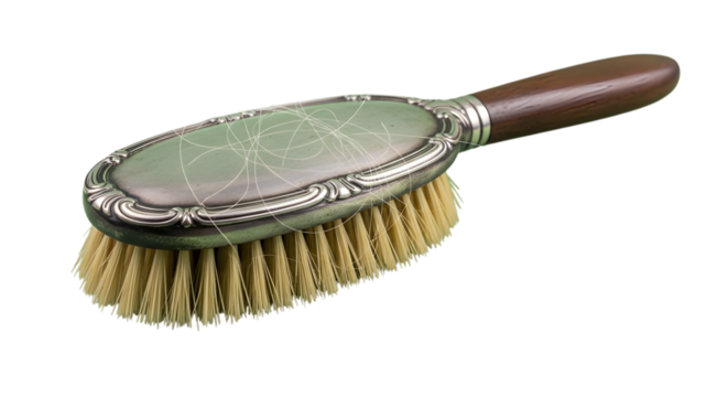 Elegant antique silver hairbrush with wooden handle, showing collected strands, a timeless grooming essential for personal care routines.