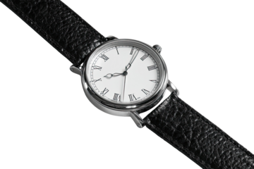 Close-up of a wristwatch.  Silver face with Roman numerals. Black leather band
