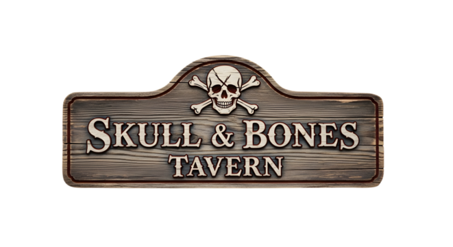 Authentic Skull & Bones Tavern wooden sign with weathered texture, perfect for pirate-themed businesses and unique branding projects.