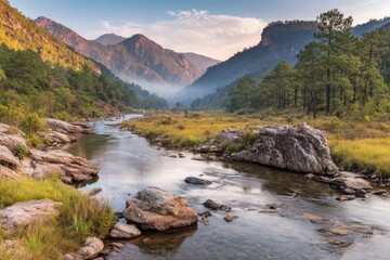 Serene mountain river valley at dawn