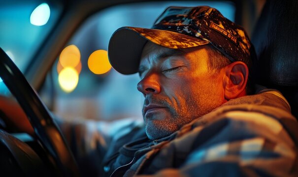 Exhausted truck driver sleeping behind the steering wheel, emphasizing the fatigue caused by long shifts, illustrating the unhealthy lifestyle of a profession requiring extended hours, Generative AI
