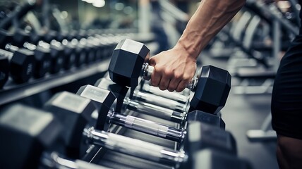 Determined hand reaching for heavy dumbbell in gym, ready for intense workout session.