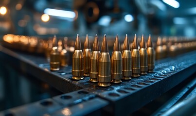 Rocket artillery ammunition manufacturing process, highlighting fast and precise work in a military complex for heavy machinery production, emphasizing efficiency and urgency, Generative AI