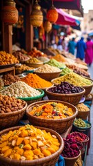 Fototapeta premium Colorful spice market overflowing with dried goods