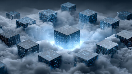 Abstract 3D illustration of cloud computing and data transfer, showing IaaS, PaaS, AI, and backup technology concepts with digital clouds and electric data streams.