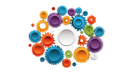 A colorful cluster of interconnected gears, various sizes and vibrant hues, forming a complex, circular design