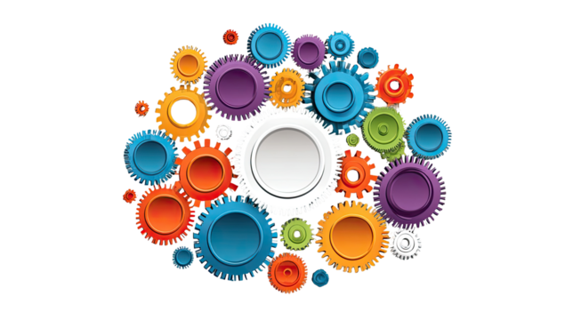 A colorful cluster of interconnected gears, various sizes and vibrant hues, forming a complex, circular design