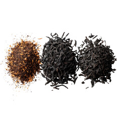 Three types of loose leaf tea, displayed in a row, are in a style of product photography