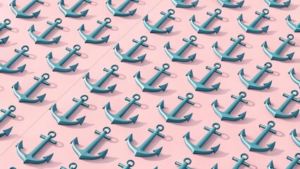 Seamless Blue Anchor Design on Pastel Pink Background, Maritime Symbol Pattern