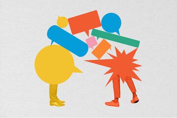 Image banner full 3d art collage of anonym bodyless human stand legs bubble communication icon speech conversation talk phrase © deagreez
