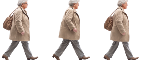 Elderly Woman Walking With Beige Coat And Grey Trousers Over Transparent Background
