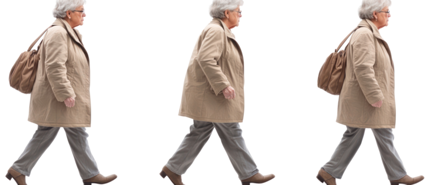 Elderly Woman Walking With Beige Coat And Grey Trousers Over Transparent Background
