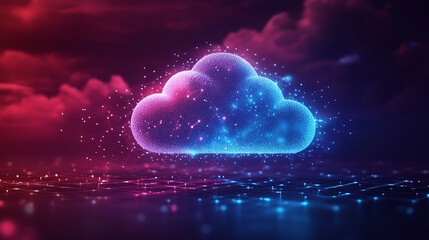 Abstract 3D illustration of cloud computing and data transfer, showing IaaS, PaaS, AI, and backup technology concepts with digital clouds and electric data streams.
