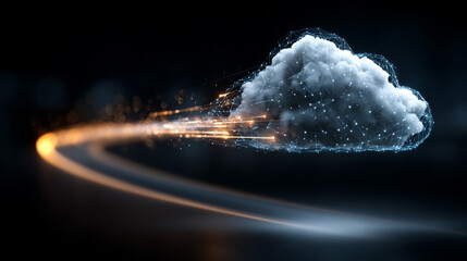 Abstract 3D illustration of cloud computing and data transfer, showing IaaS, PaaS, AI, and backup technology concepts with digital clouds and electric data streams.