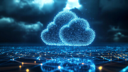 Abstract 3D illustration of cloud computing and data transfer, showing IaaS, PaaS, AI, and backup technology concepts with digital clouds and electric data streams.