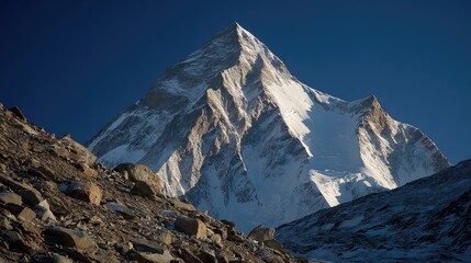 Snow Capped Mountain Peak Against Deep Blue Sky