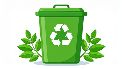 Eco-concept illustration of a green recycling container with plant leaves symbolizing environmental sustainability and waste management