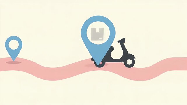 Scooter silhouette zips along pastel route; parcel docks at door