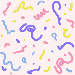 Obraz premium Seamless wavy hand-drawn scribble pattern design in fun pastel colors. Creative minimalist abstract art background for kids, trendy design with feminine colored base shapes for fabric.