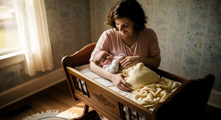 Warm intimate scene of a mother gently caring for her newborn baby in a cozy softly lit nursery with vintage wallpaper and wooden furniture capturing maternal love and tenderness in a peaceful home 