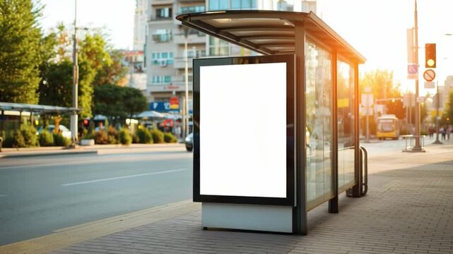 Advertising banner at public transport stop. Advertisement mockup in urban environment. Empty white display for commercial message. Brand promo on street.