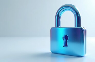 Metallic blue digital lock icon with holographic effect on white background. Cyber security symbol representing digital protection, online safety. 3d object ideal for concepts related to data