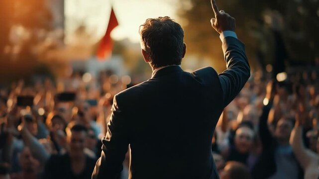 Back view of party president gives a passionate speech from the stage in front of a crowd of people