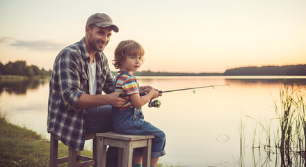 Happy father and son enjoying fishing together by peaceful lake during sunset outdoor family bonding leisure activity nature scenic view tranquil atmosphere joyful moment bonding experience in nature