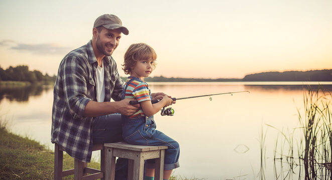 Happy father and son enjoying fishing together by peaceful lake during sunset outdoor family bonding leisure activity nature scenic view tranquil atmosphere joyful moment bonding experience in nature - Powered by Adobe
