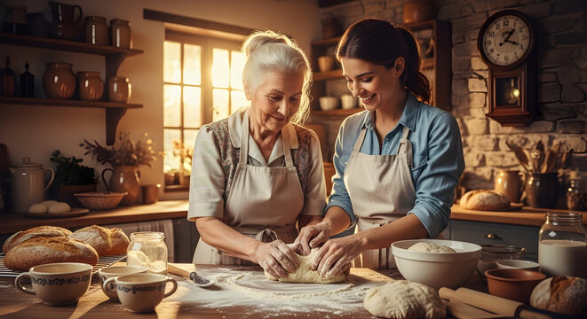 Warmhearted elderly woman and young girl baking together in cozy kitchen with sunlight streaming through window creating a joyful family moment of cooking and bonding