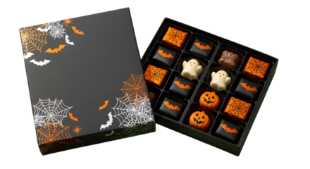 Delightful Halloween chocolate assortment featuring spooky ghost, pumpkin, and bat designs, perfect for festive celebrations and gifting occasions.