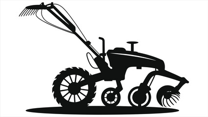 Fototapeta premium Silhouette Illustration of Modern Agricultural Machine with Rake Attachment – Farming Equipment Icon for Soil Cultivation, Agricultural Automation, and Rural Crop Field Preparation Concept