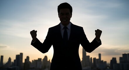 Determined Businessman Silhouette Against City Skyline