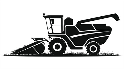 Modern Combine Harvester Silhouette. Farm Machine Harvesting Grain & Crops in Field. Agricultural Industry Vector Illustration for Harvest Season.