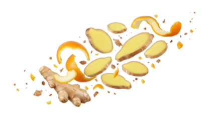 Fresh Ginger Slices And Orange Peel Floating Against A Transparent Black Background