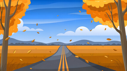 Vibrant Stylized Autumn Countryside Road Illustration with Orange Yellow Trees and Distant Blue Mountains
