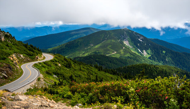 Mountain Road Winding Through Lush Green Landscape Under Cloudy Sky