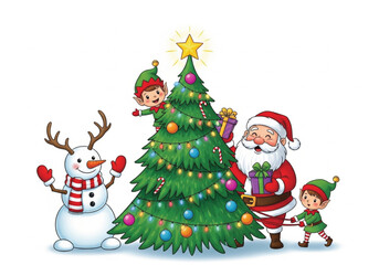 A charming illustration depicts Santa Claus, two elves, a snowman, and a Christmas tree.