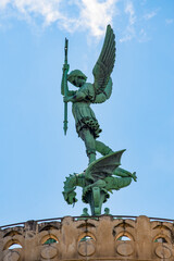 Lyon, France: the statue of Saint George and the Dragon at the top of the Basilica of Notre-Dame de Fourviere (1896), depicting the classic scene of Saint George slaying the dragon