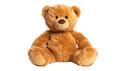 Cute brown teddy bear plush toy sitting upright, soft fabric texture, isolated on transparent background, children&rsquo;s toy concept