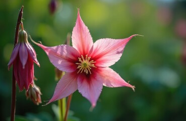 Fototapeta premium Close-up macro shot of vibrant pink Crimson Star Columbine flower with delicate petals, detailed stamen. Blooming aquilegia blossom, symbol of spring, summer, set against soft, blurred green garden