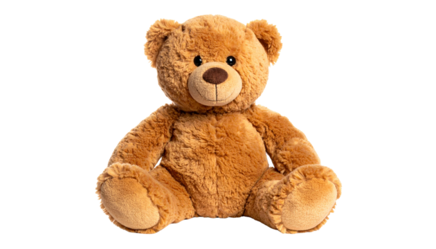 Cute brown teddy bear plush toy sitting upright, soft fabric texture, isolated on transparent background, children’s toy concept
