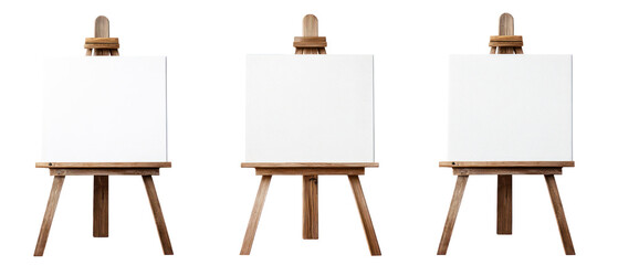 Three Wooden Easels With Blank White Canvases Against A Transparent Background