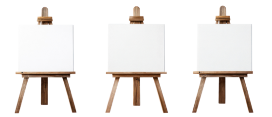 Three Wooden Easels With Blank White Canvases Against A Transparent Background
