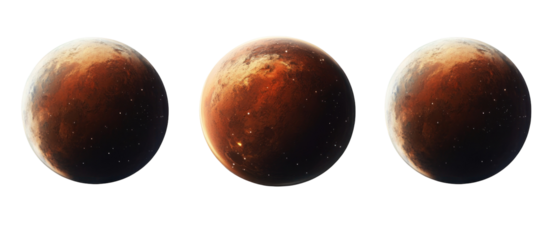 Three Brown Planets with Dust Particles Against Transparent Background