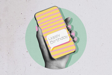 Sketch image trend artwork montage 3D photo collage of hand hold huge smartphone display happy...
